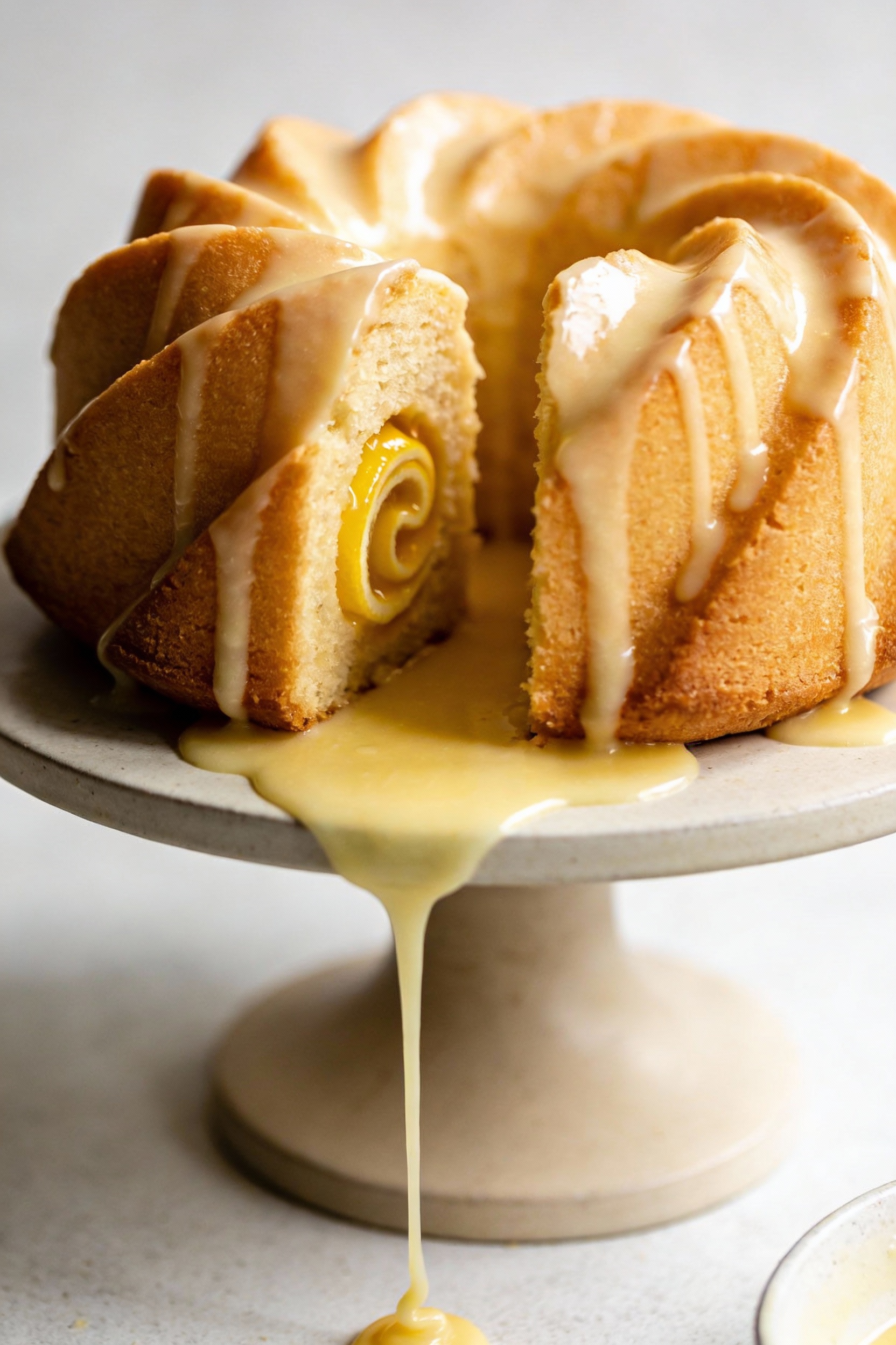 3. Lemon bundt cake just unmolded onto a cake stand, golden ridges sharply defined, freshly poured lemon glaze cascading