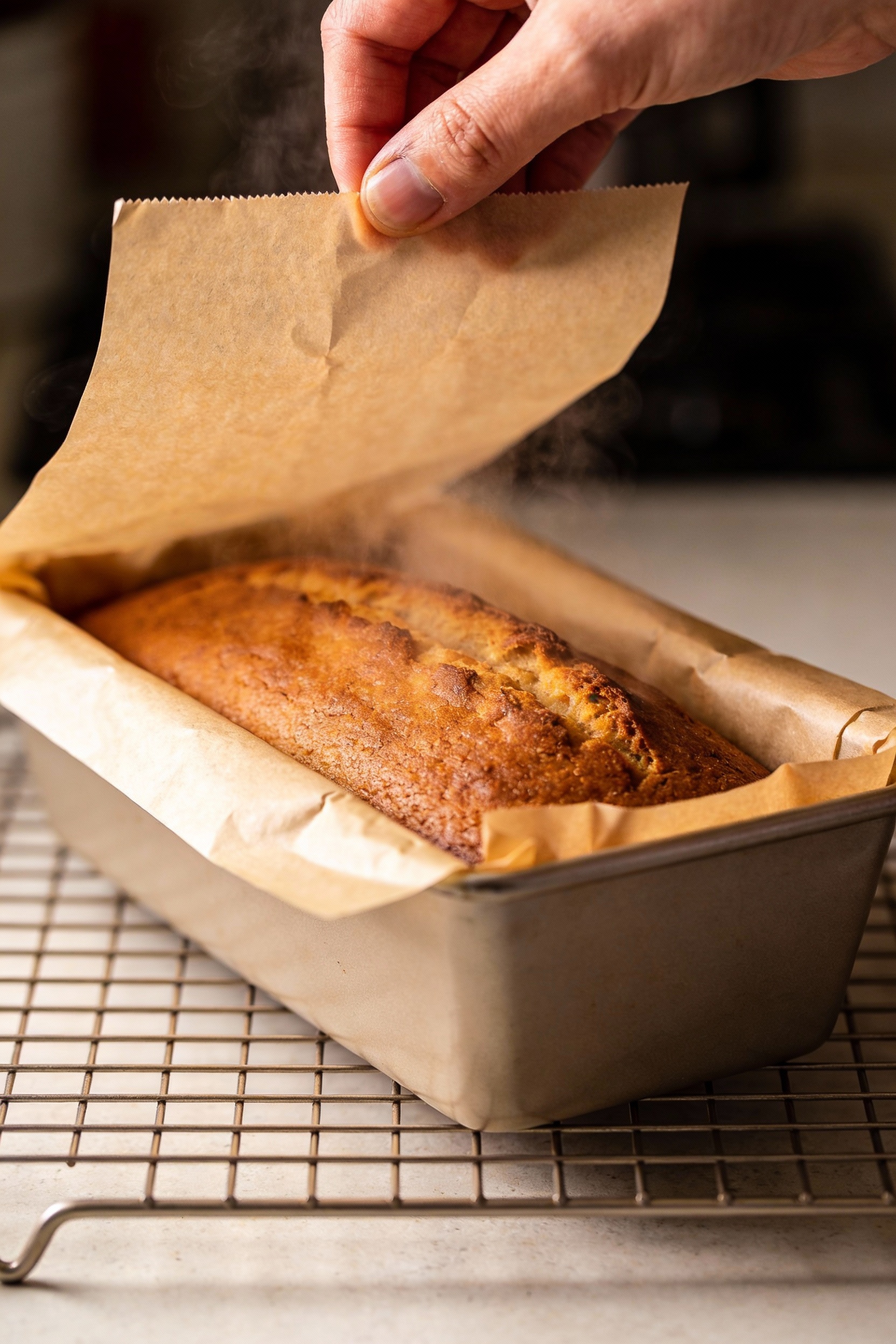 Cooking process: freshly baked pound cake loaf in a light-colored 9x5 metal pan being lifted out using the parchment pap