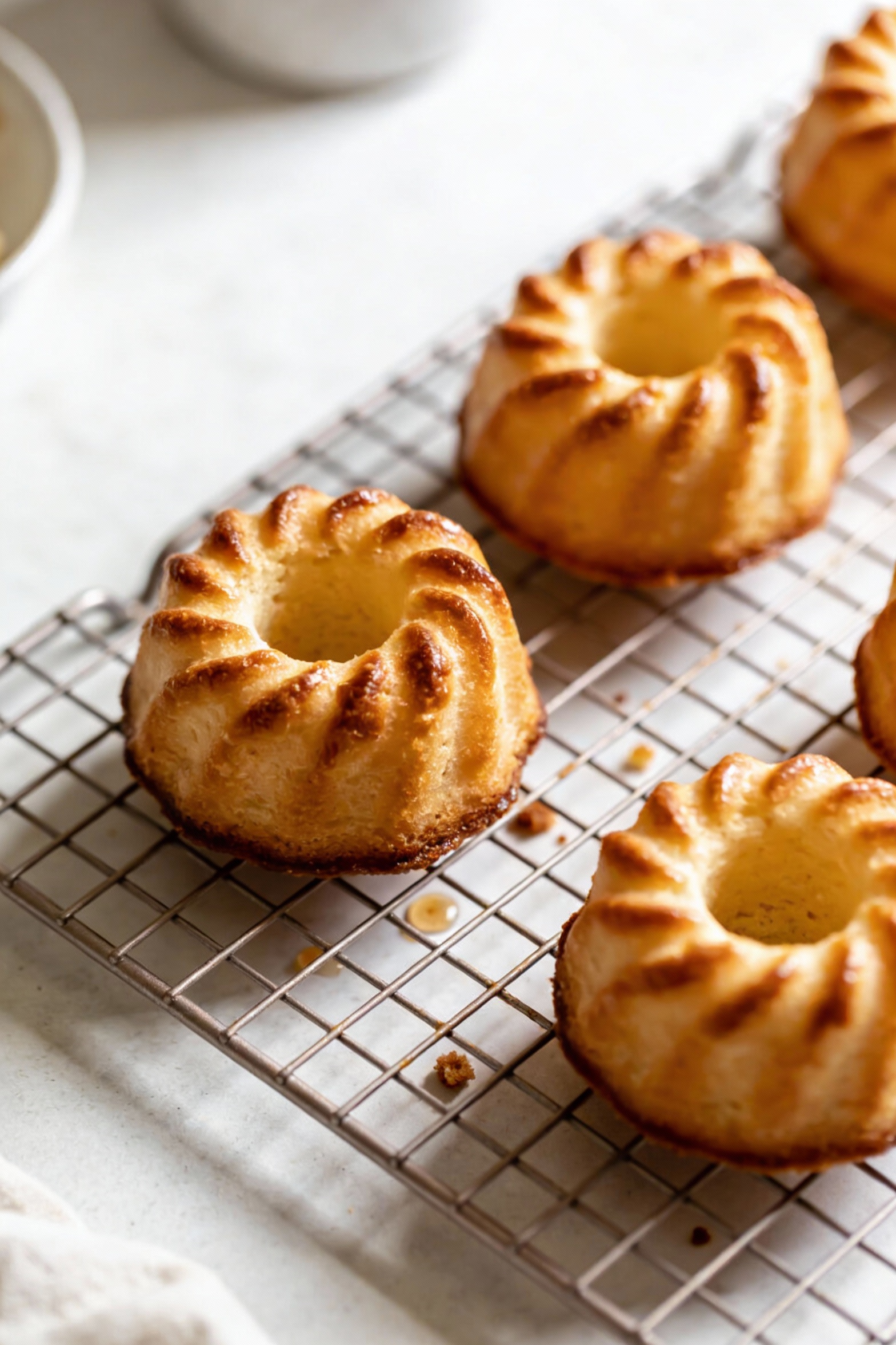 Cooking process: freshly baked mini bundt cakes cooling inverted on a wire rack, light caramelized edges and defined bun