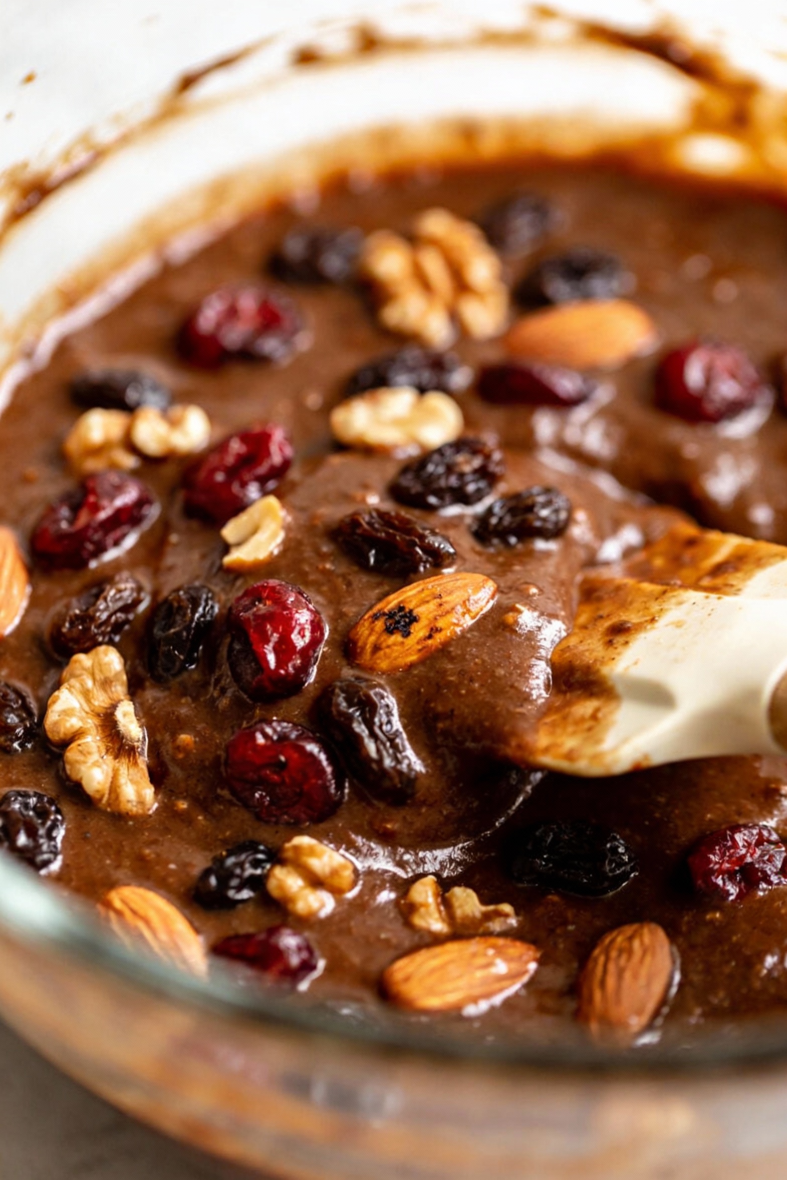 3. Christmas cake batter being folded with a spatula in a mixing bowl, showing plump dried fruit and toasted nut pieces 