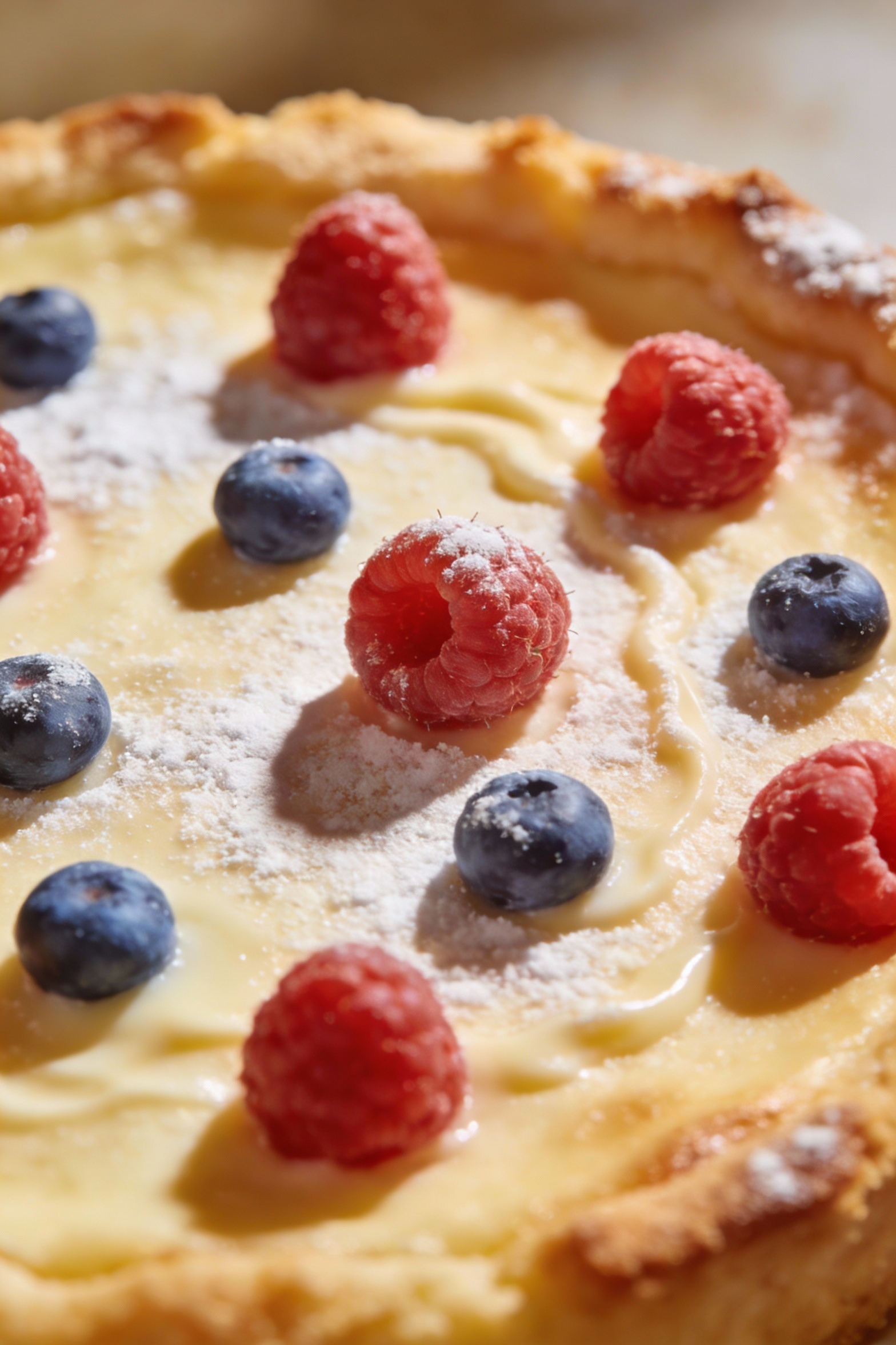 3. Close-up detail of the baked custard cake surface with a light powdered sugar dusting and a few fresh raspberries and