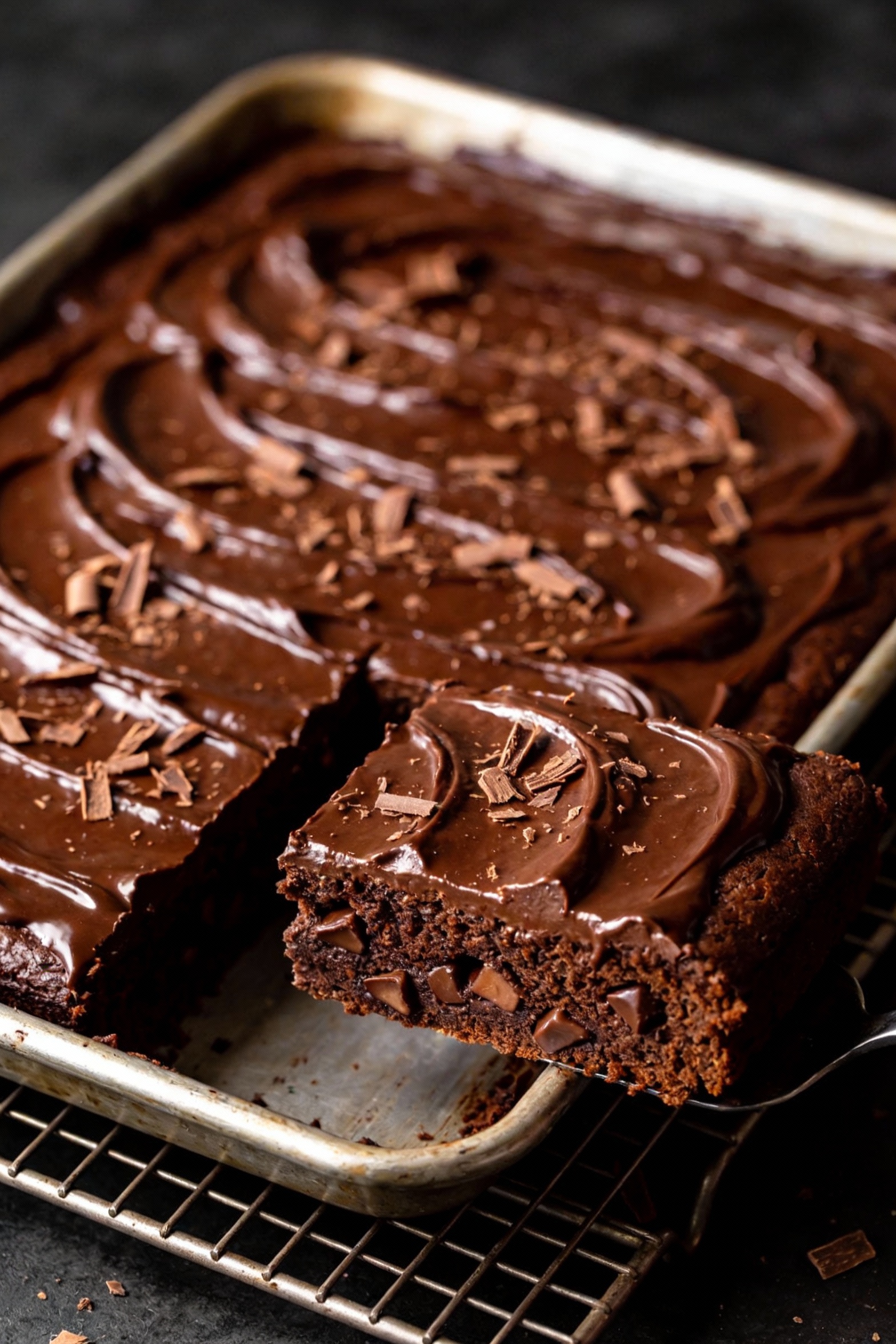 Chocolate fudge doctored cake in a 9x13 pan cooling on a rack, shiny dark chocolate frosting spread in swoops with shave