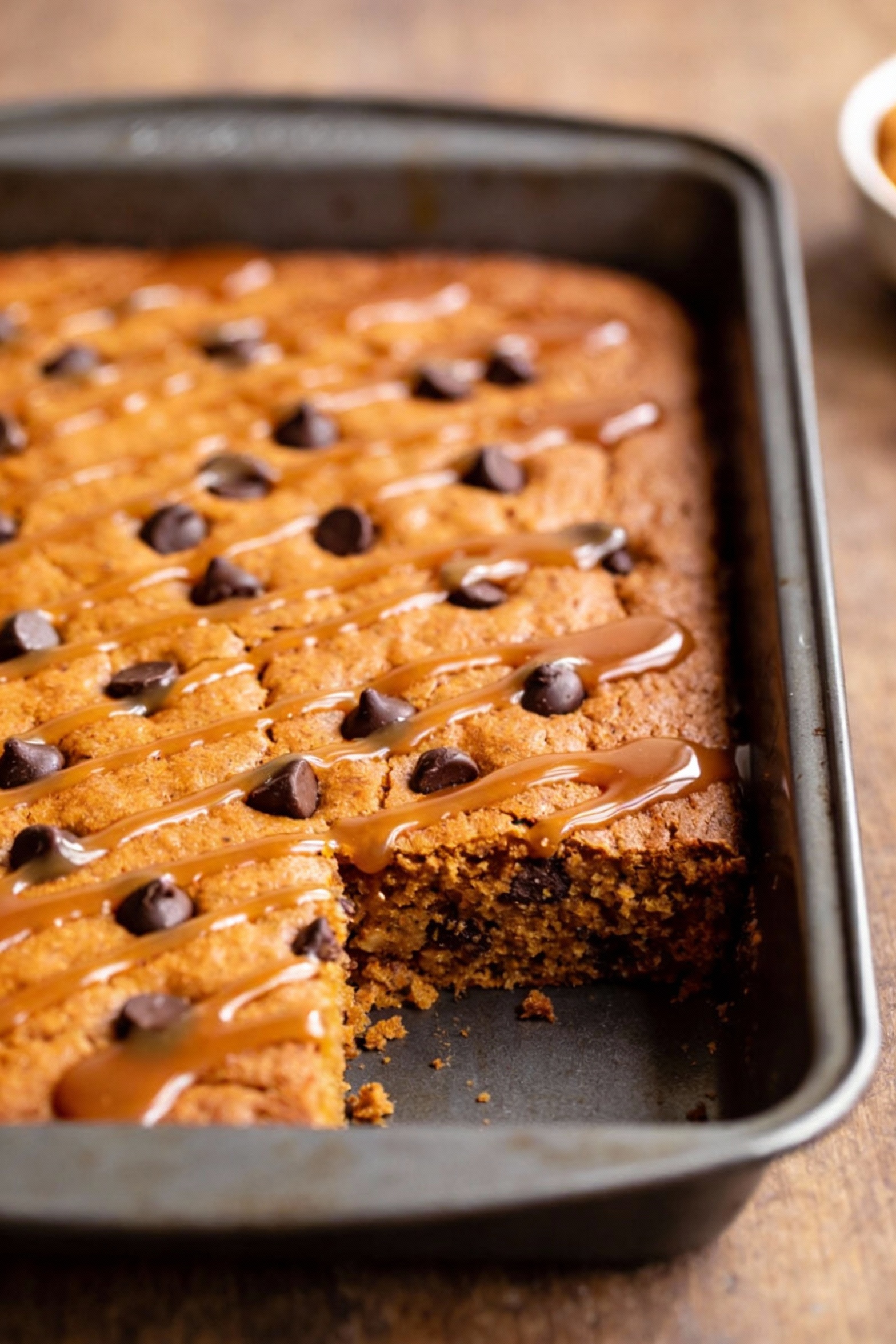 Pumpkin spice snack cake cooling in a 9x13 pan, glossy maple glaze drizzled in thin ribbons over the warm orange-brown c