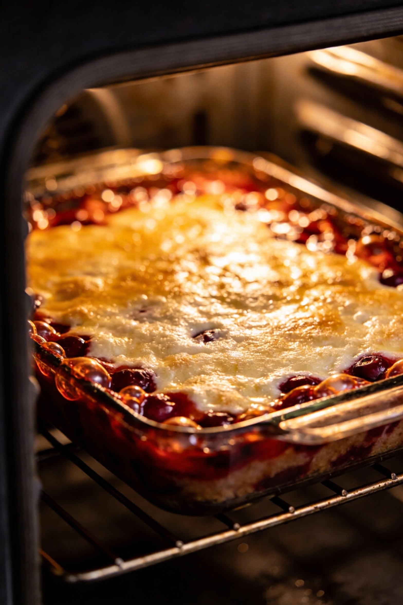 Cooking process: cherry dump cake mid-bake seen through the oven door, edges actively bubbling like lava and top turning
