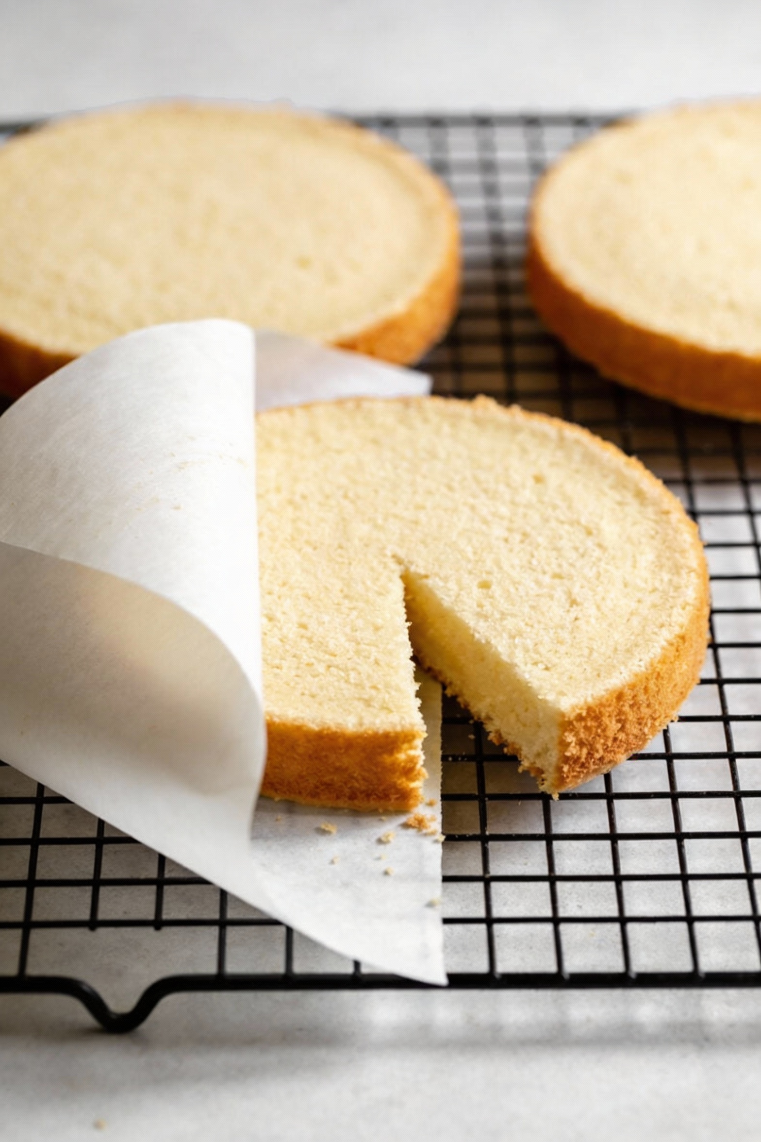 3. Vanilla cake layers cooling on a wire rack, parchment peeled away and edges slightly golden, crumb texture visible on