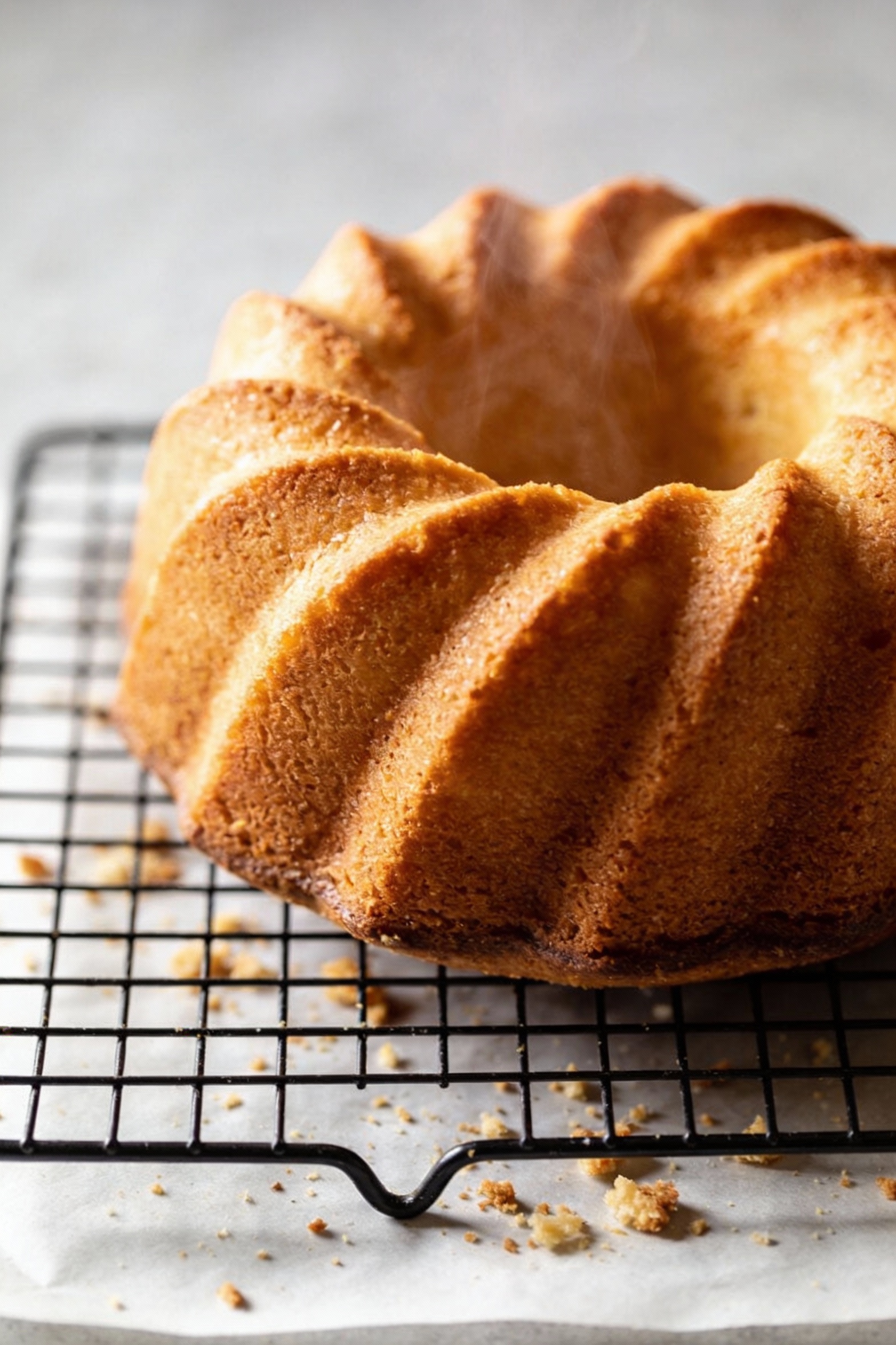 Cooking process: freshly baked Bundt cake cooling on a wire rack just after being inverted from the pan, defined golden-