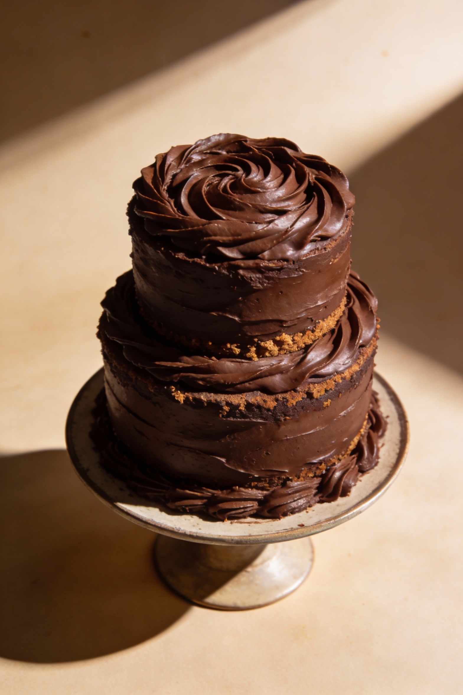 Overhead shot: two frosted chocolate cake layers stacked and centered on a cake stand, swoopy chocolate buttercream swir