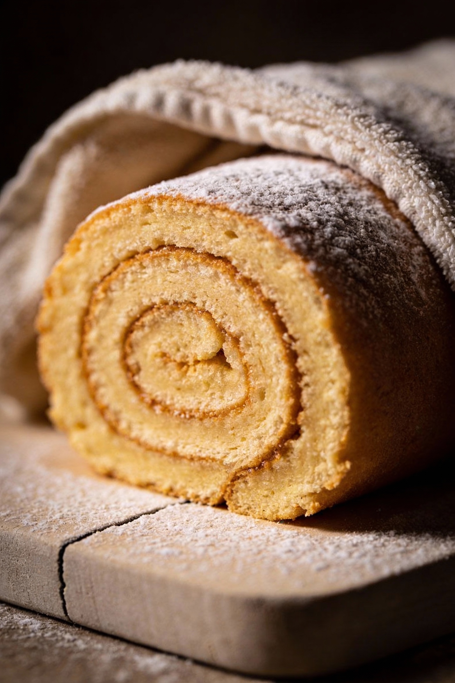 Close-up detail: rolled warm cake “sleeping bag” with towel inside, tight spiral edge visible at the end, soft sponge te