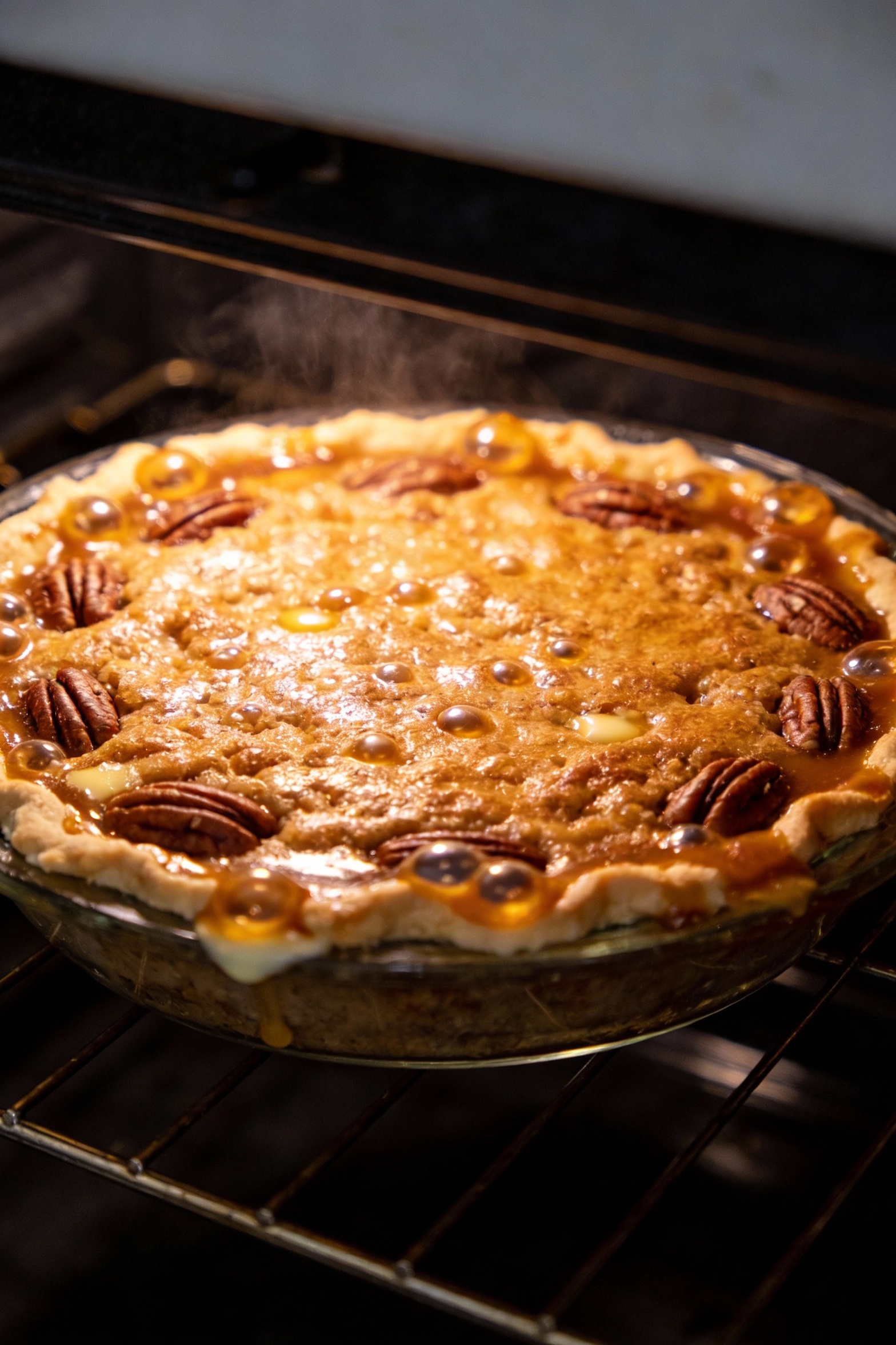 Cooking process: pecan pie dump cake mid-bake in the oven, top turning golden with small bubbling caramel pockets at the