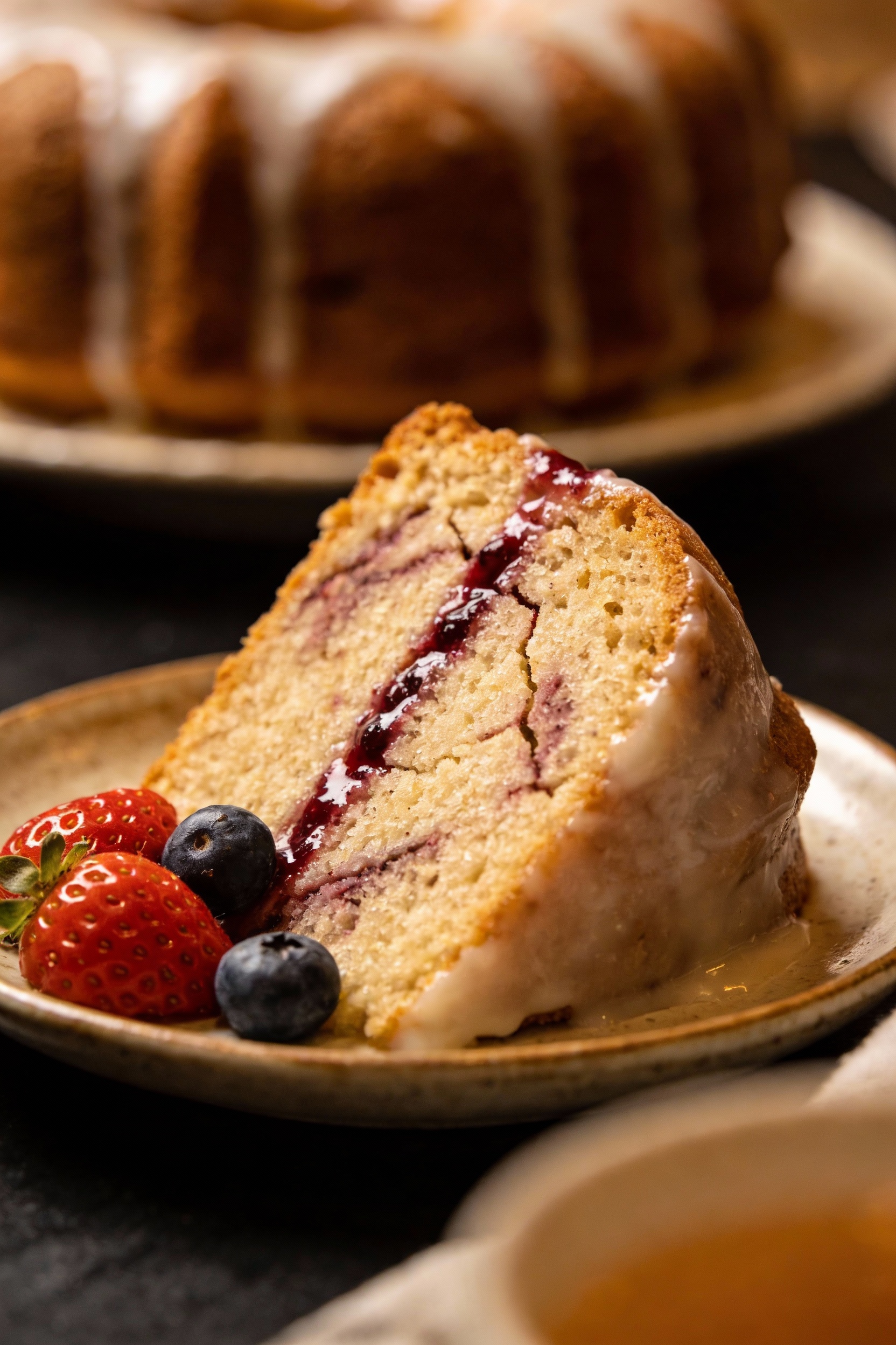 4. Final plated serving: a neat wedge slice of Bundt cake on a small ceramic plate, moist crumb with visible marbling, g