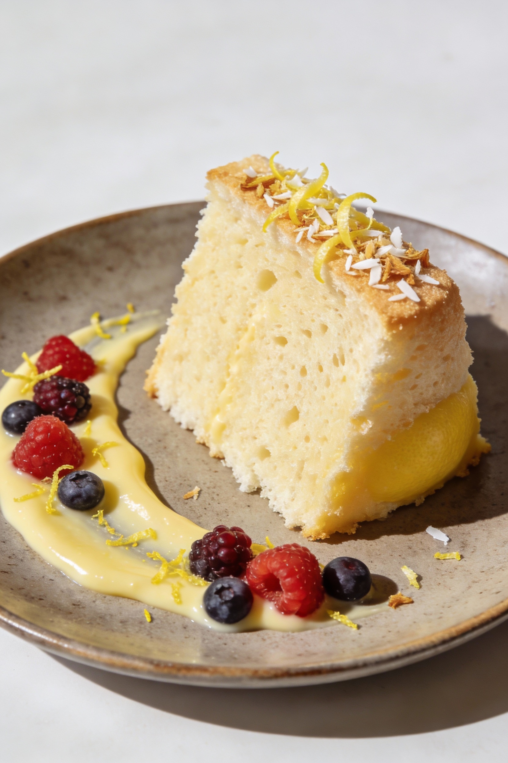 4. Final plated dessert: elegant plate with a tall wedge of lemon angel food cake, lemon curd swoosh, scattered fresh be