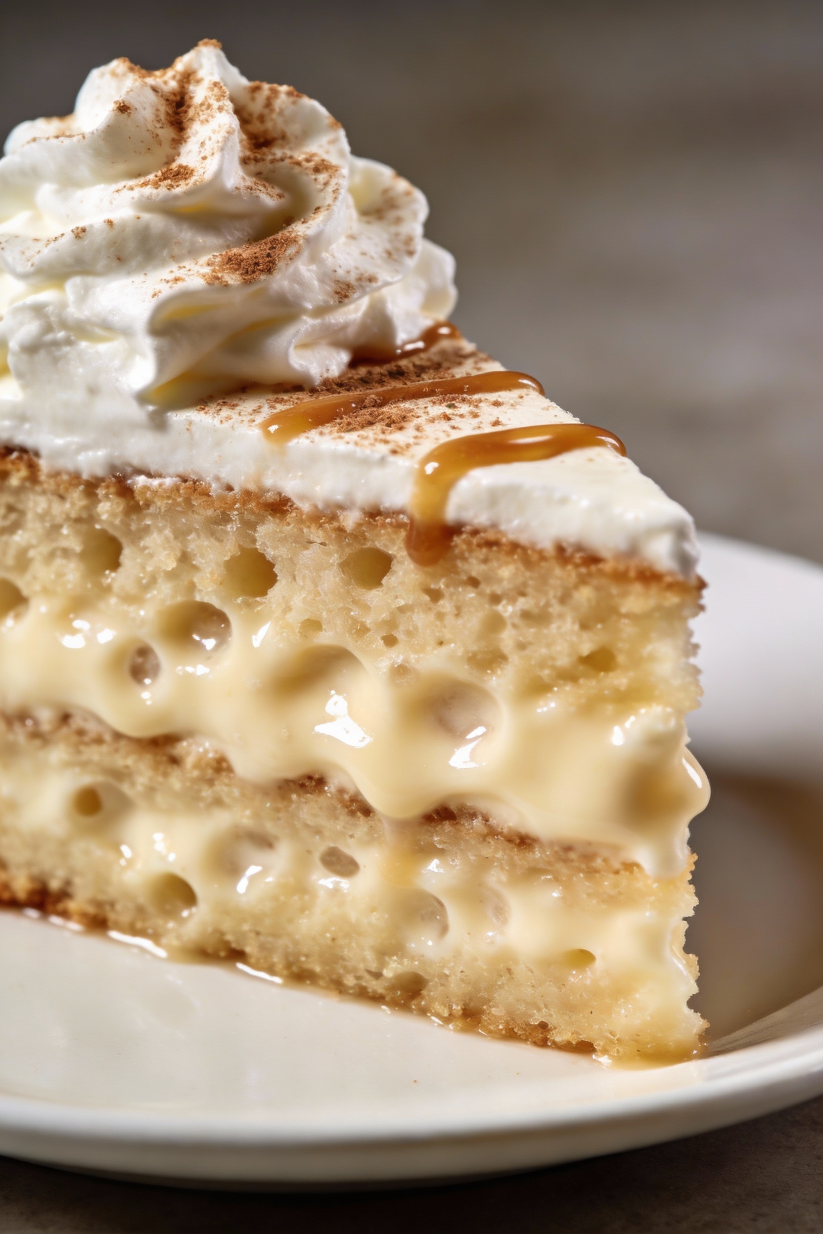 Final plated dessert: tres leches–style poke cake slice on a white plate with a clean sharp cut, creamy milk-soaked inte