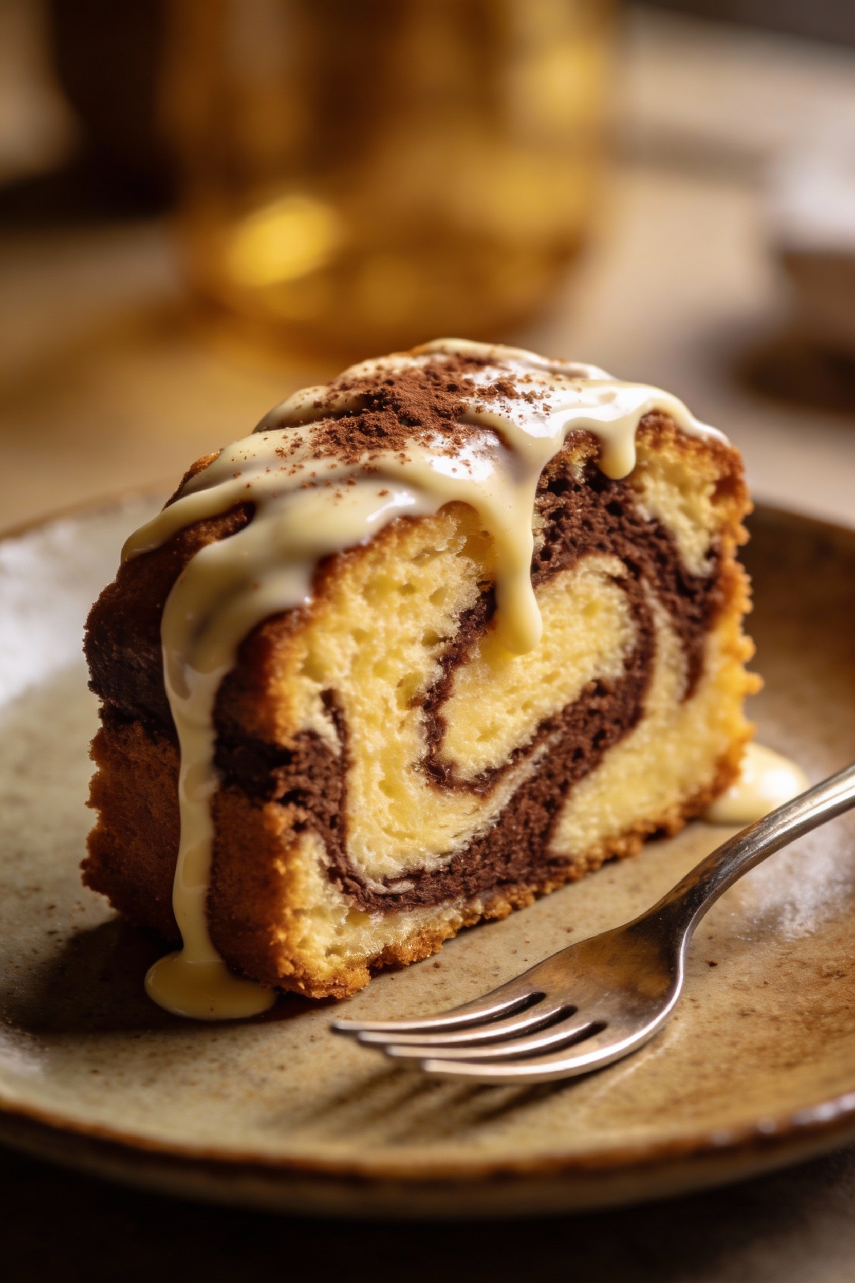 Close-up of a marble cake slice with distinct vanilla-and-cocoa swirls, glossy vanilla glaze drizzle and a pinch of coco