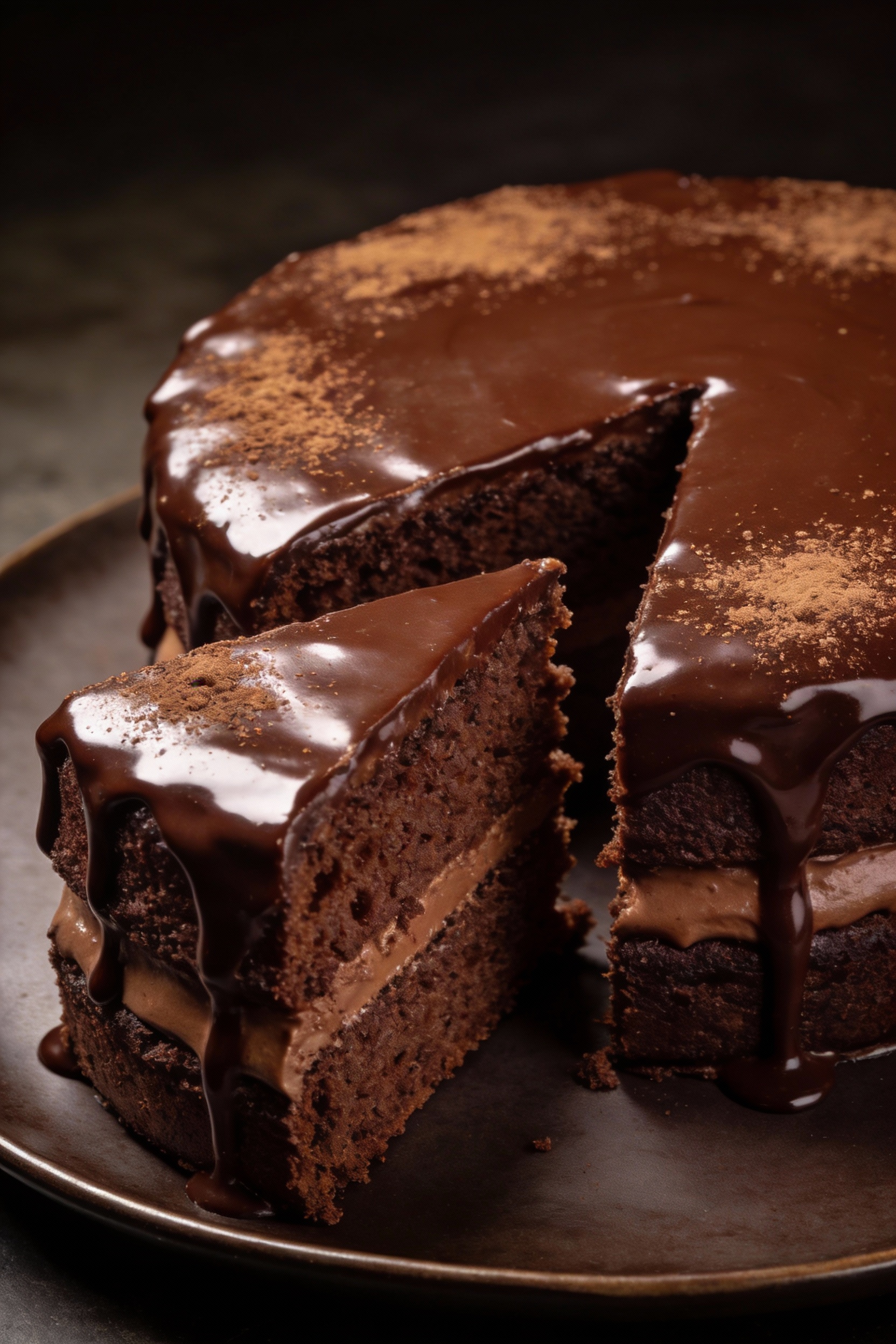 4. Final dish: chocolate deluxe two-layer cake glazed with glossy chocolate glaze; subtle espresso dusting; smooth drips