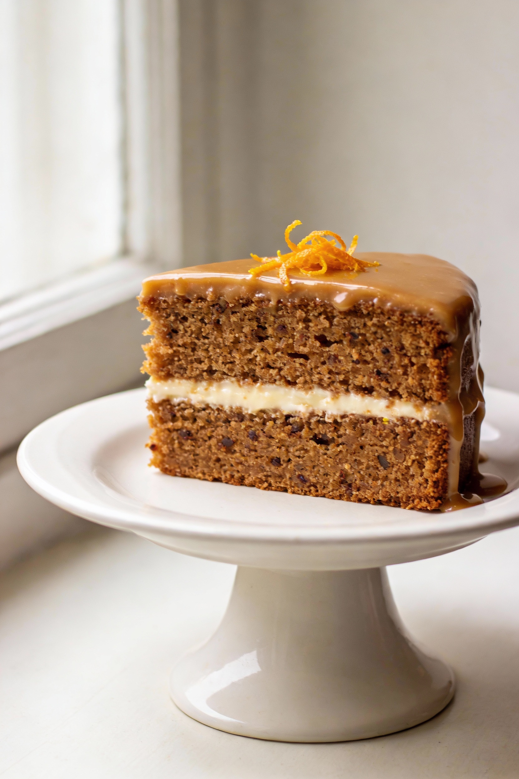 Final presentation: two-layer spice cake with a thin cream cheese filling and smooth brown butter glaze on top; a single