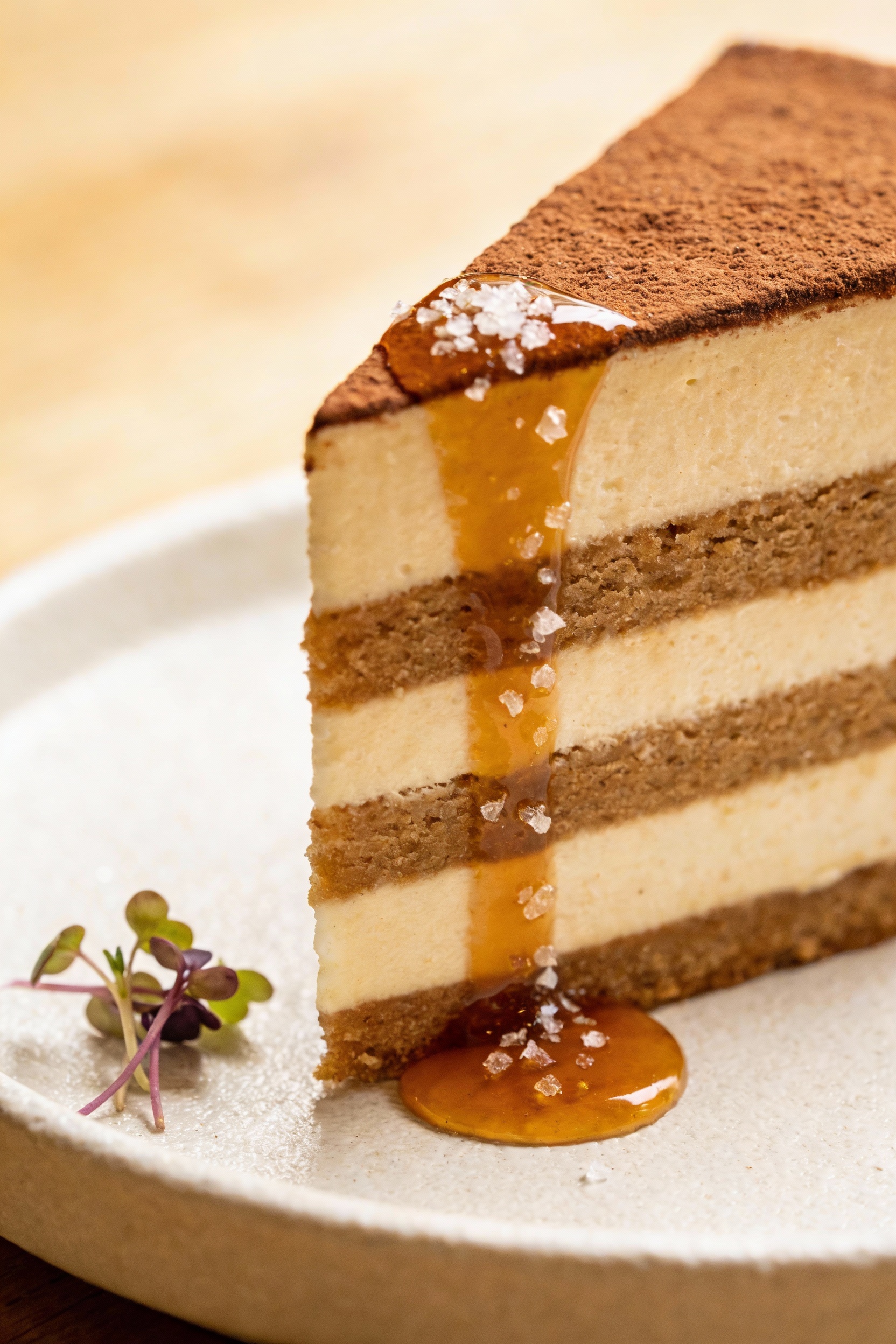 Beautifully plated slice of layered cake with salted caramel and coffee mascarpone mousse—defined clean strata, amber ca