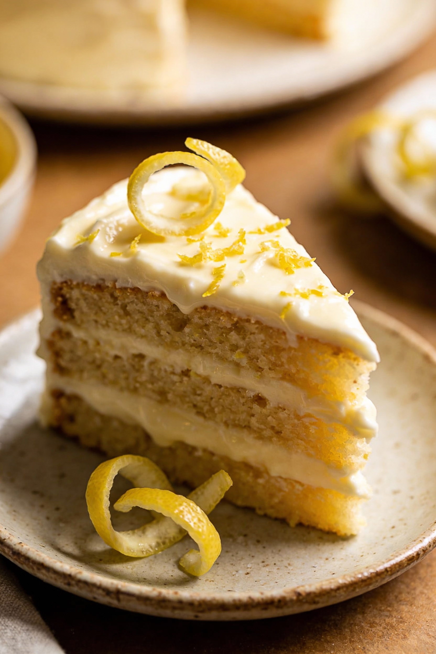 4. Final plated presentation of a gluten-free lemon layer cake slice with creamy buttercream, fresh lemon zest sprinkled