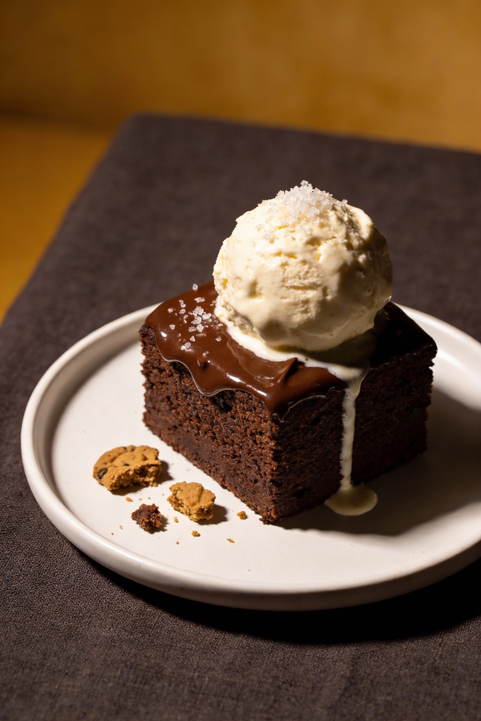 Final dish presentation: plated chocolate cake square with a scoop of vanilla ice cream melting at the edge, glossy choc