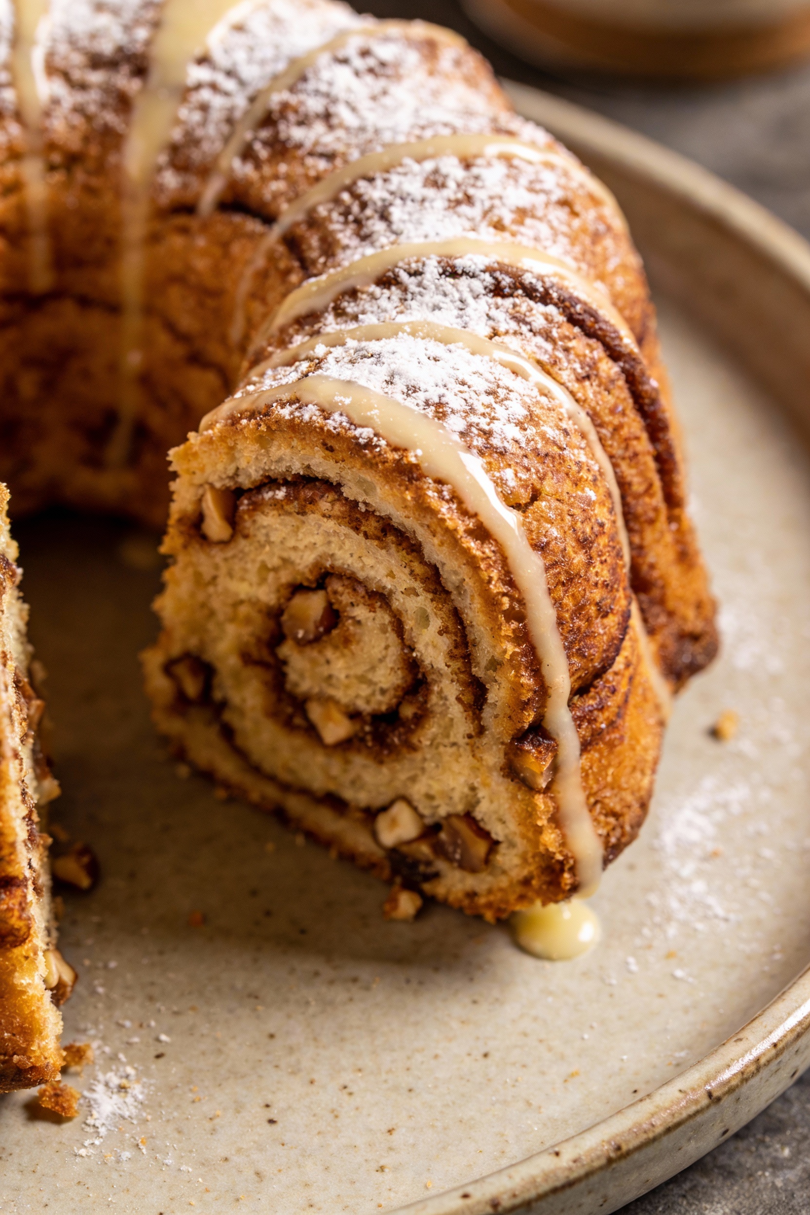 Beautifully plated cinnamon swirl “coffee cake” bundt slice on a matte ceramic plate, distinct cinnamon-sugar ribbon and