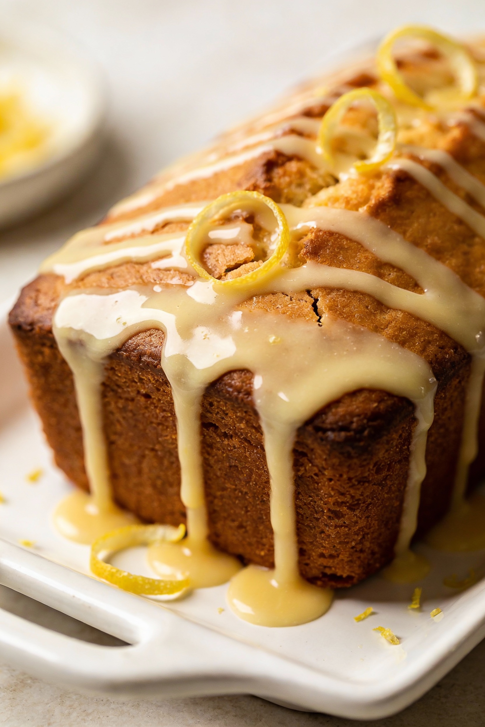 Final presentation: glazed pound cake loaf on a white ceramic serving platter with thick but pourable lemon-vanilla glaz