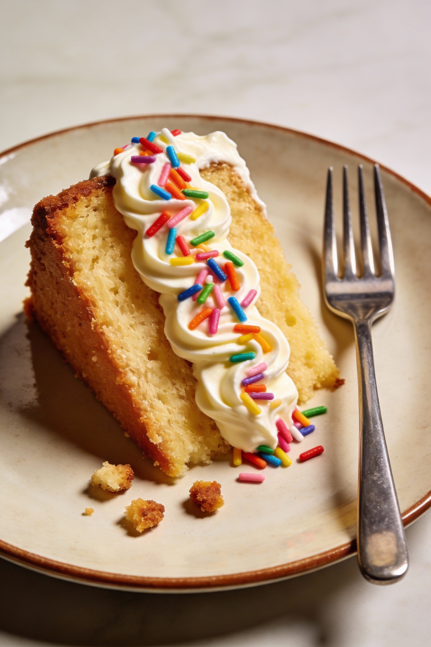 Final plated dish: single cake slice on a dessert plate with a swoosh of cream-cheese buttercream, extra rainbow jimmies