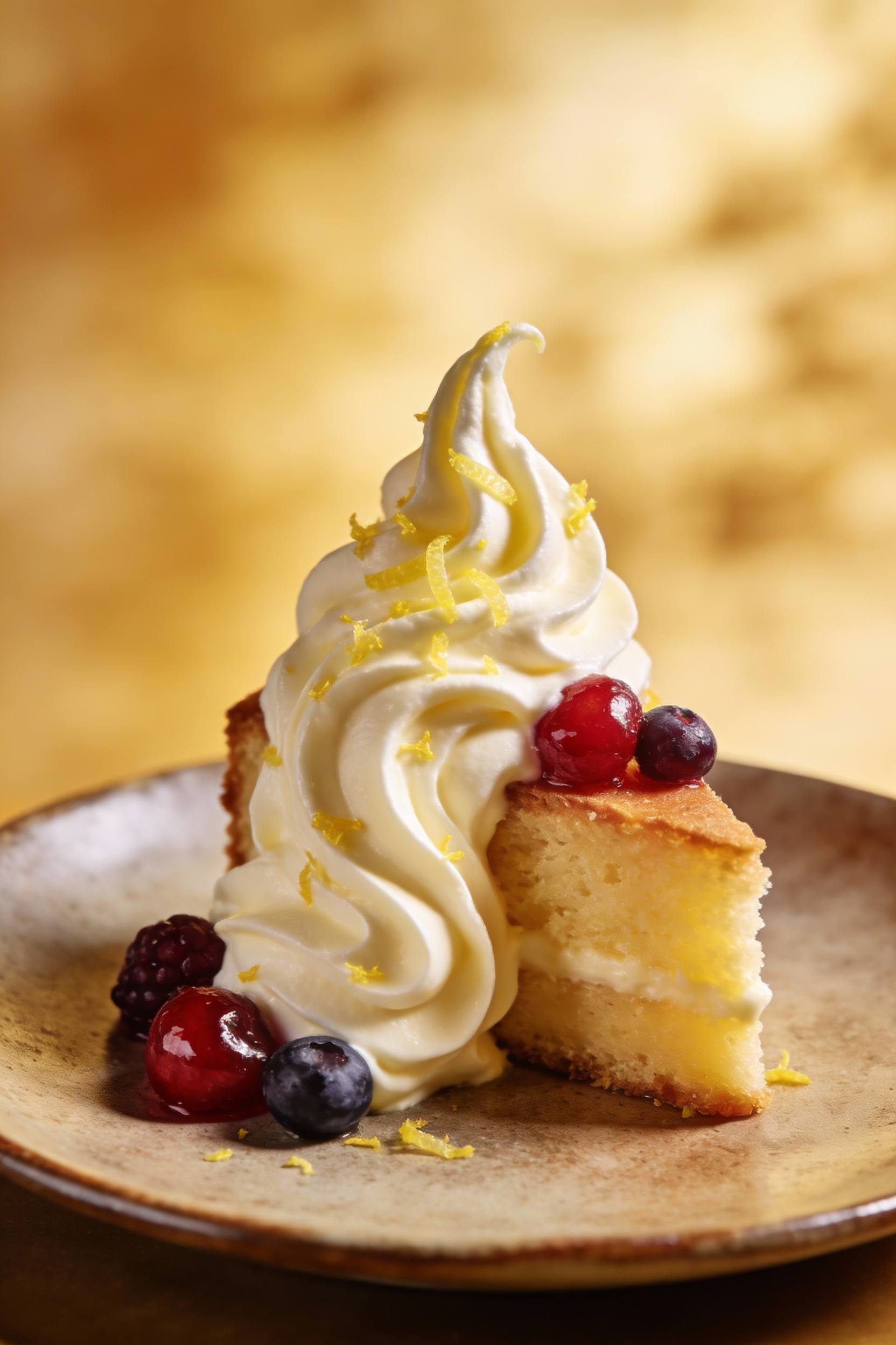 4. Final plated dish: a single cake slice on a matte ceramic plate with a dramatic buttercream swoosh, lemon zest flecks