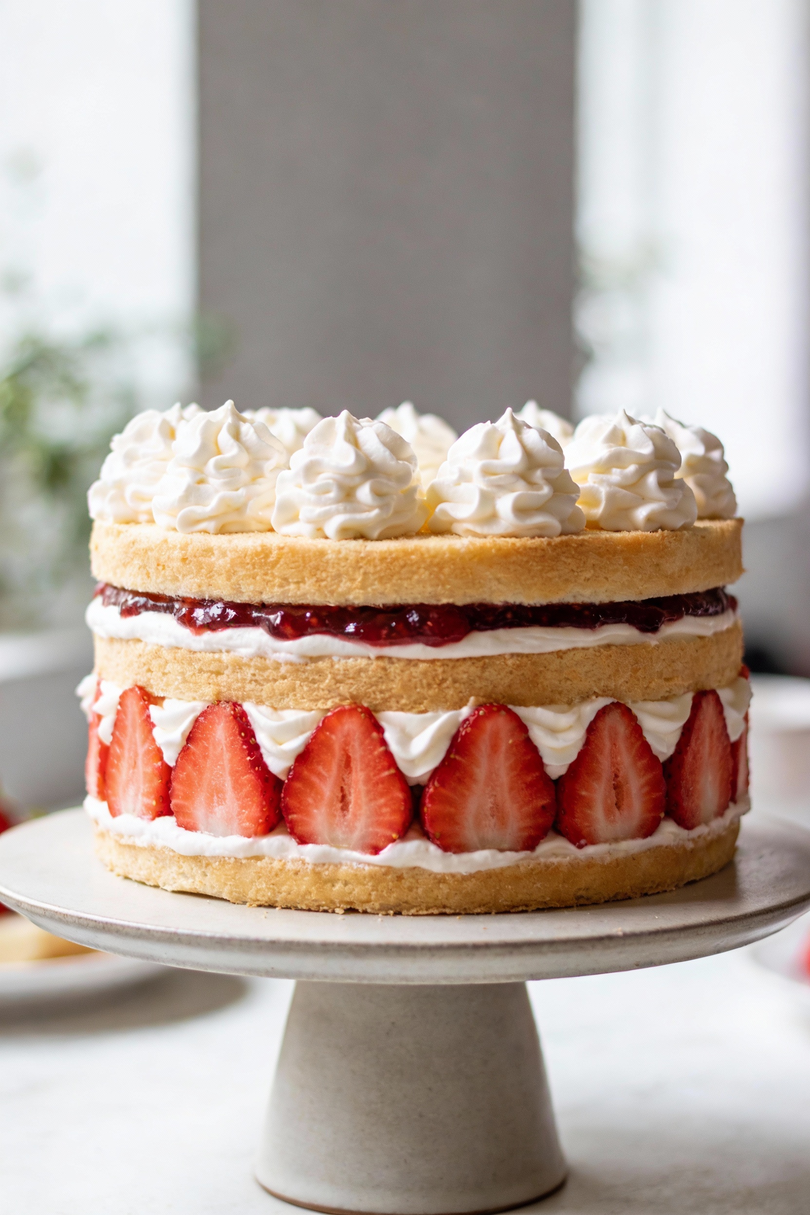 Strawberry shortcake layer being assembled: neat layers with whipped cream swirls, sliced strawberries and a thin jam la
