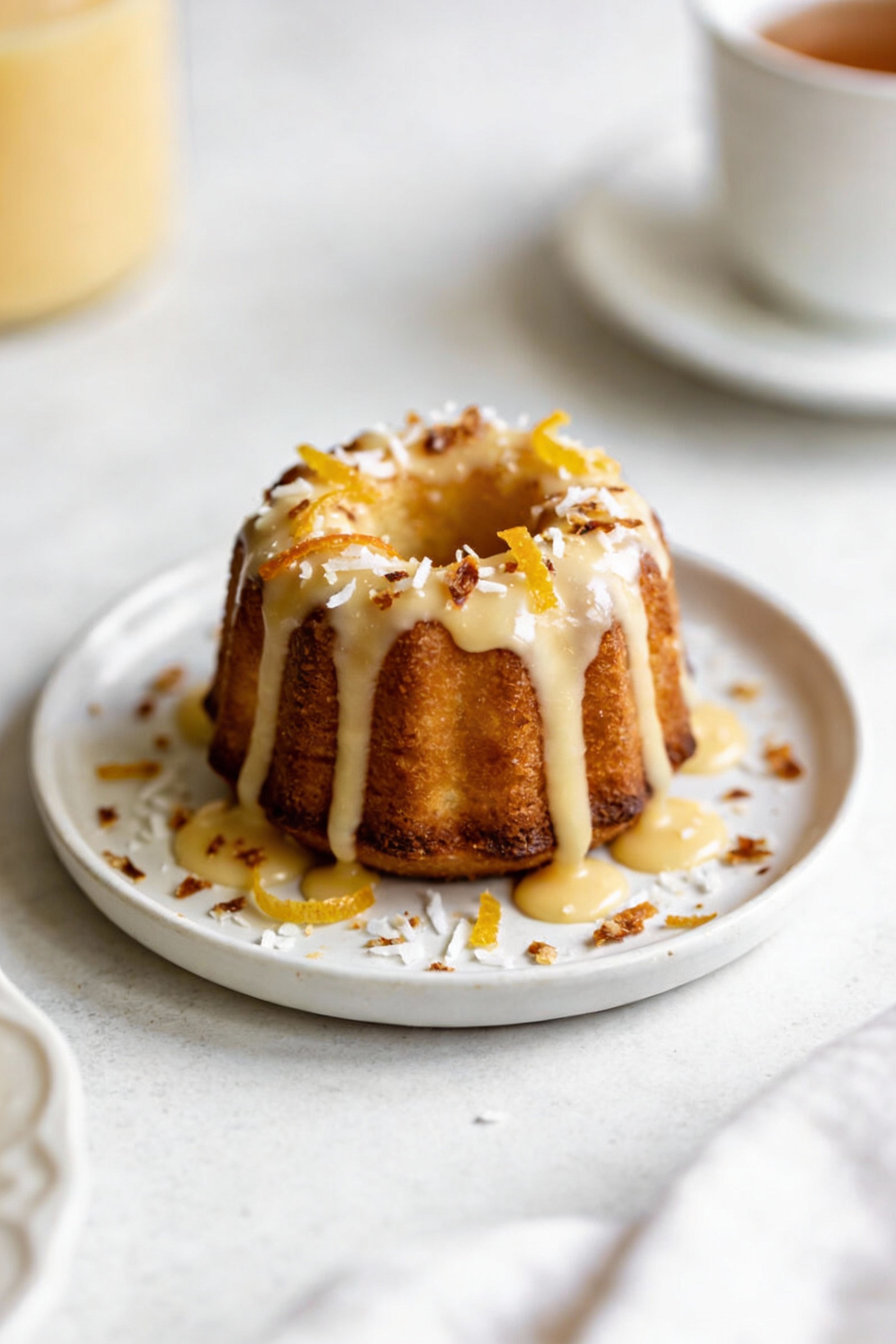 Final plated dish: single mini brown-butter vanilla bundt cake on a small white dessert plate with a thick vanilla-citru