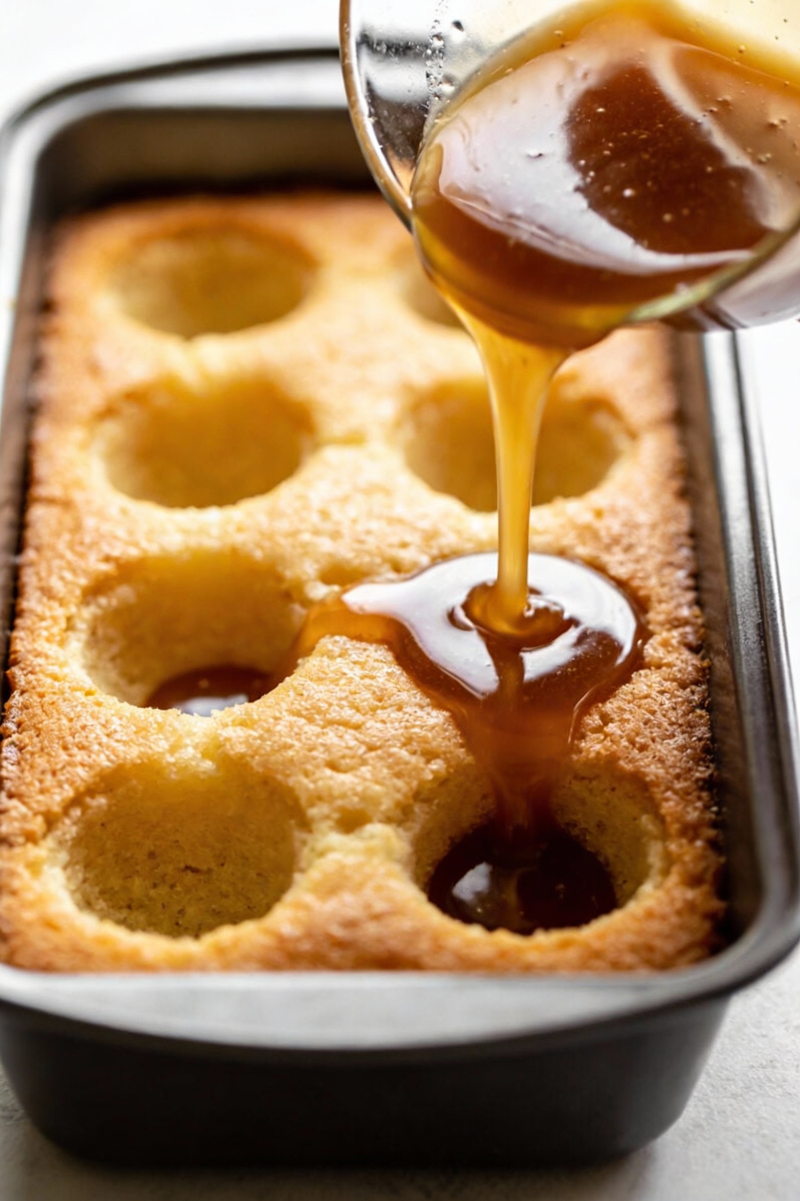 Poke cake process shot: baked vanilla cake in a pan with evenly spaced holes, sweetened condensed milk or flavored syrup