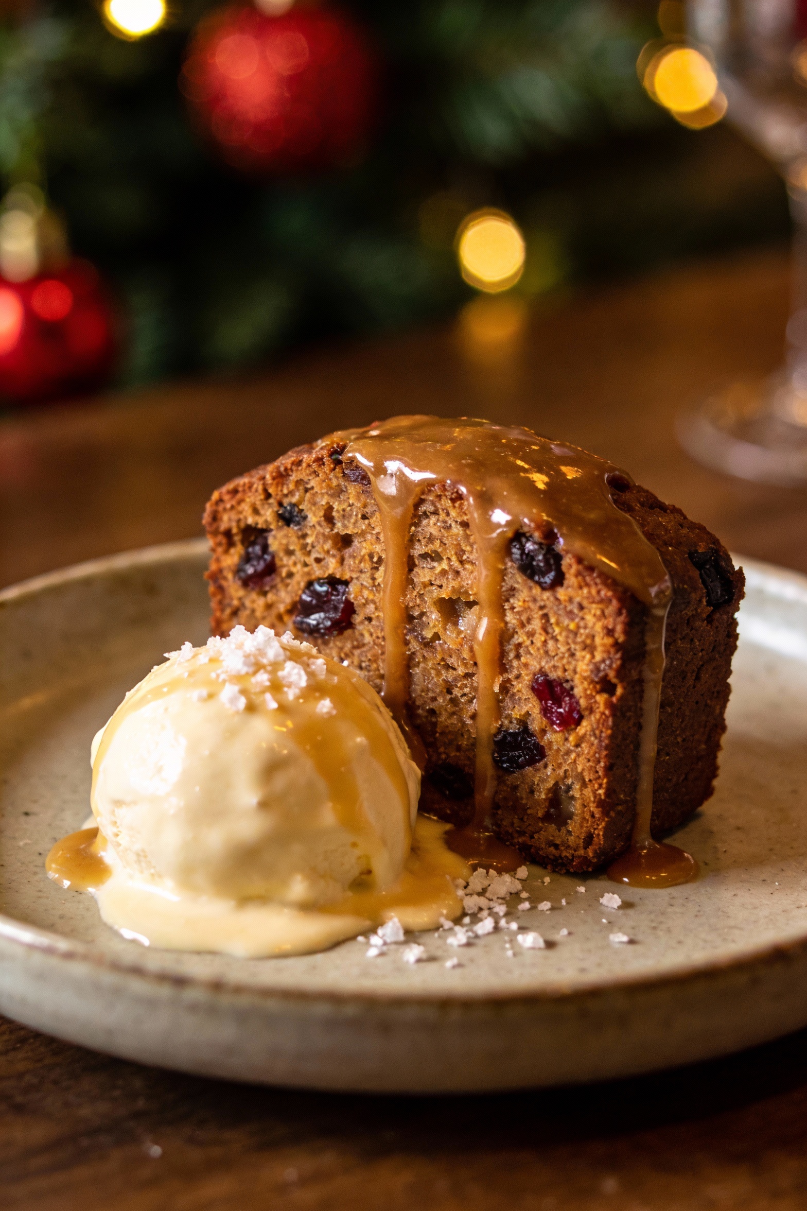 4. Final plated dessert: a neat slice of spiced Christmas cake with visible dried fruit pockets and moist tender crumb, 