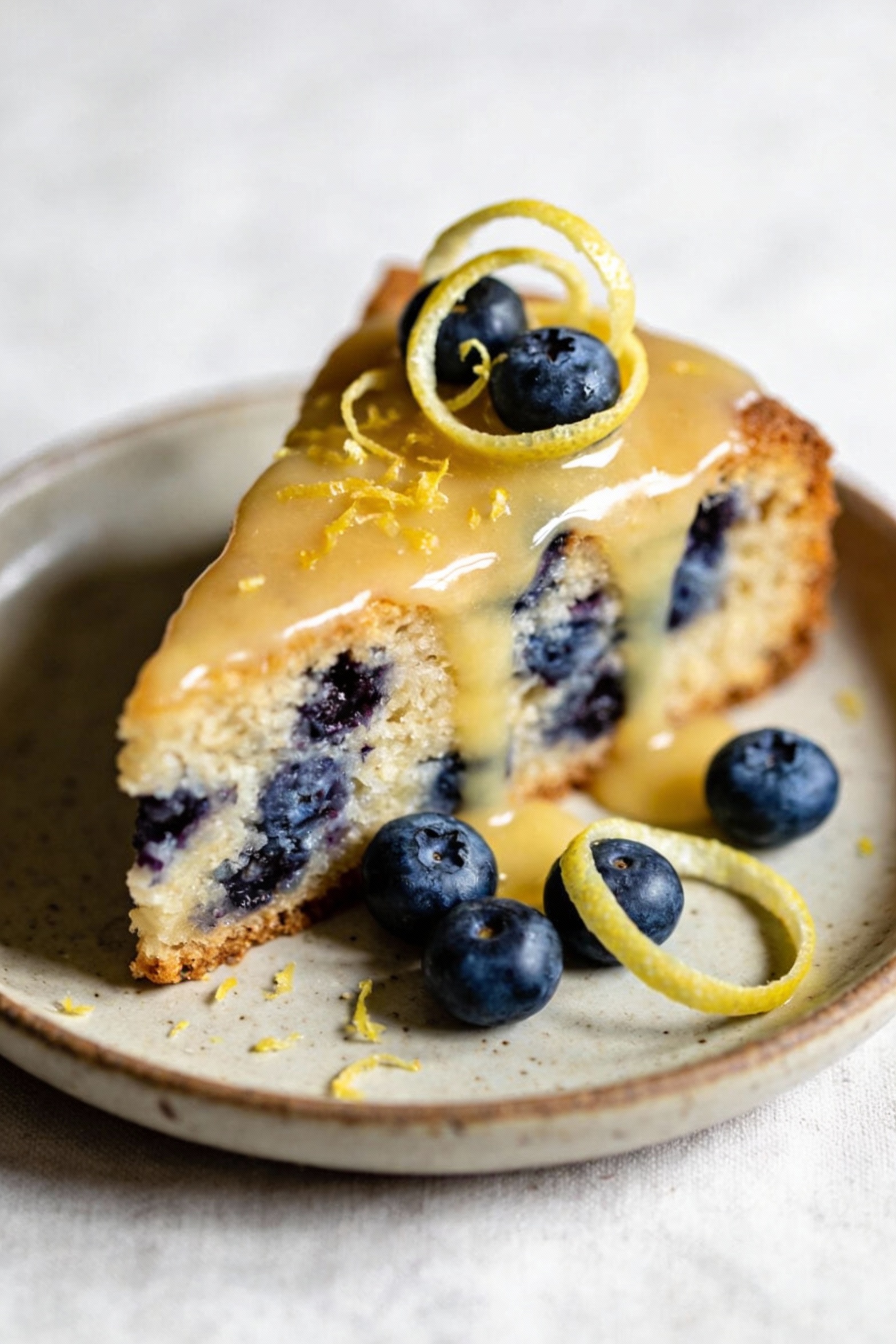 Final dish presentation: a neat wedge of blueberry cake plated with a glossy lemon glaze drizzle, lemon zest curls and a