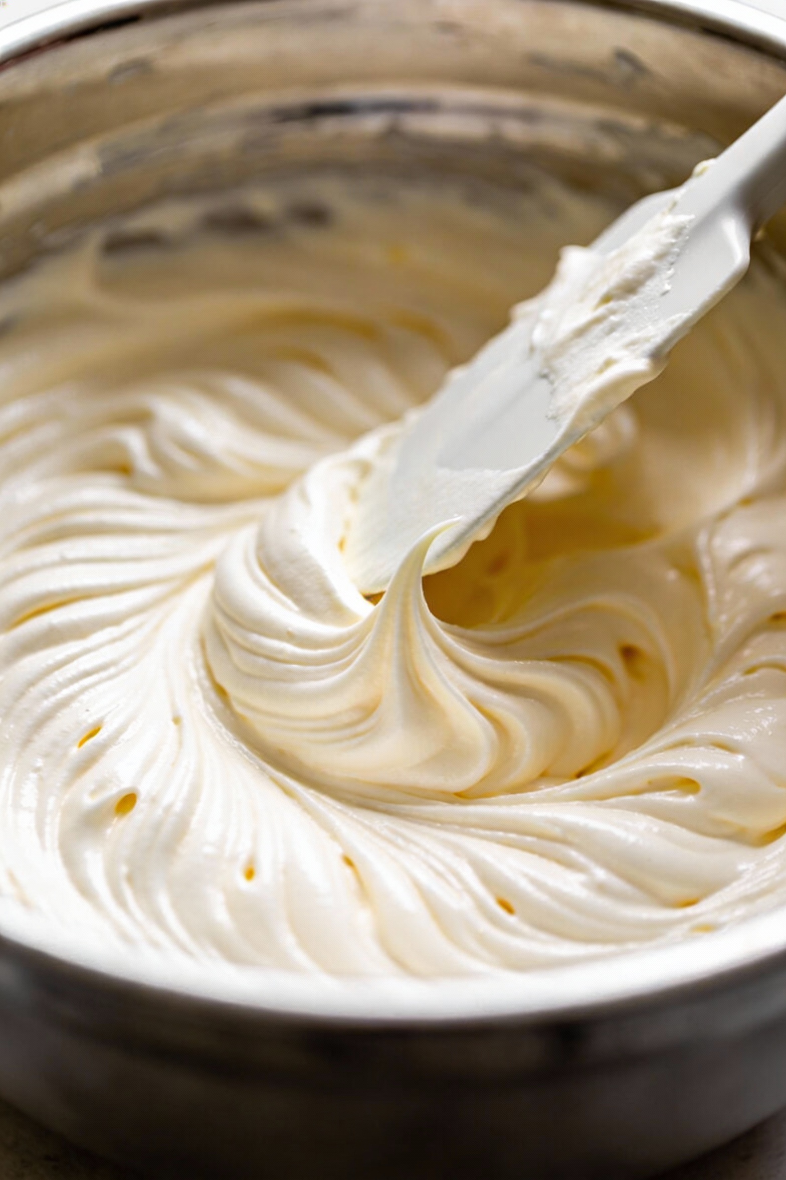4. Buttercream frosting being whipped to a glossy, fluffy texture in a mixing bowl with visible silky swirls and soft pe