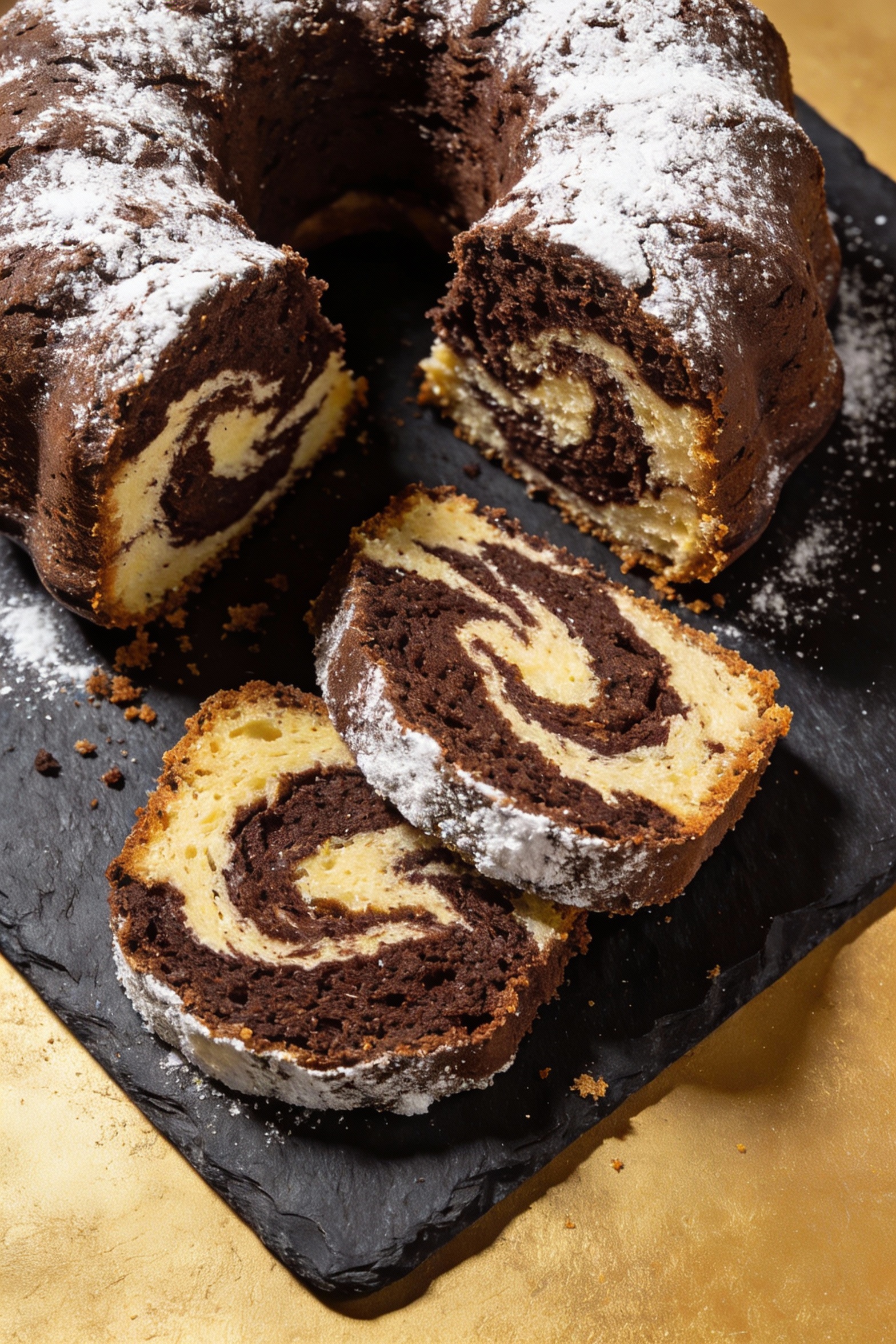 Top-down shot of a chocolate marble Bundt cake sliced to reveal dramatic cocoa-and-vanilla swirl pattern, light dusting 