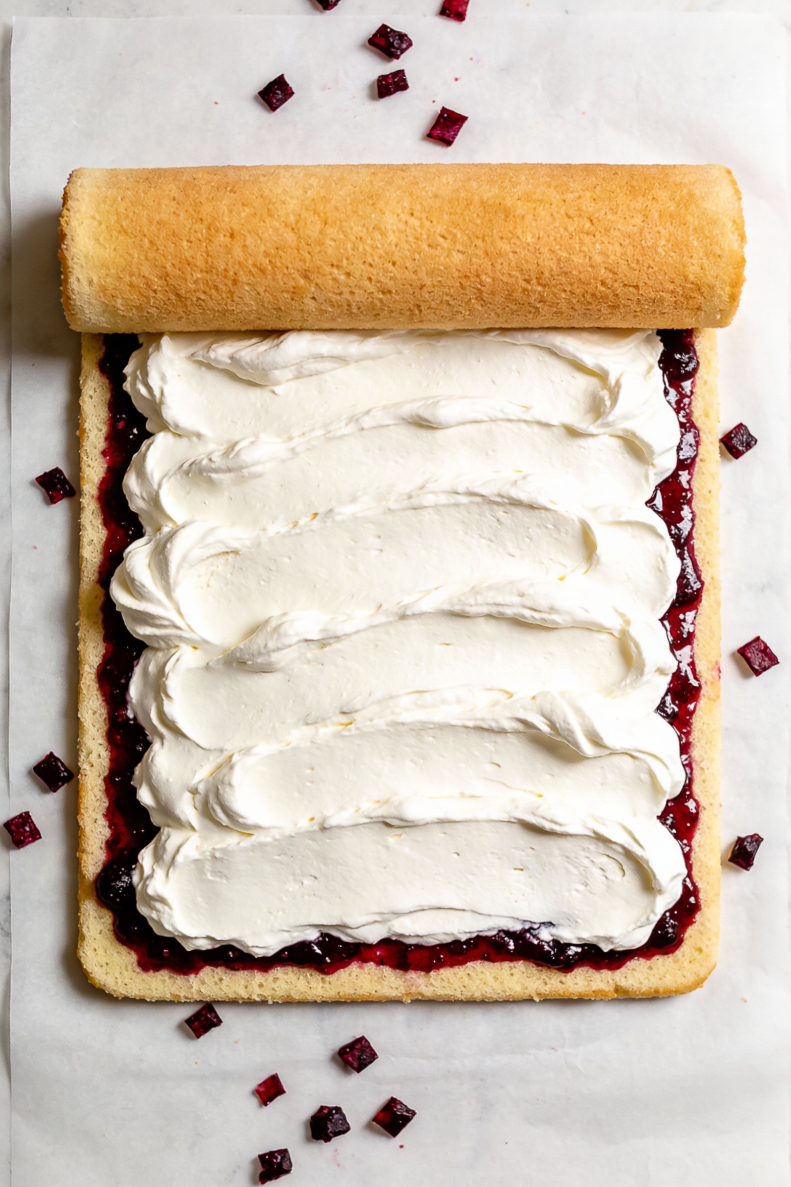 Overhead shot: unrolled cooled sponge on parchment-lined surface, evenly spread cream cheese–whipped cream filling with 