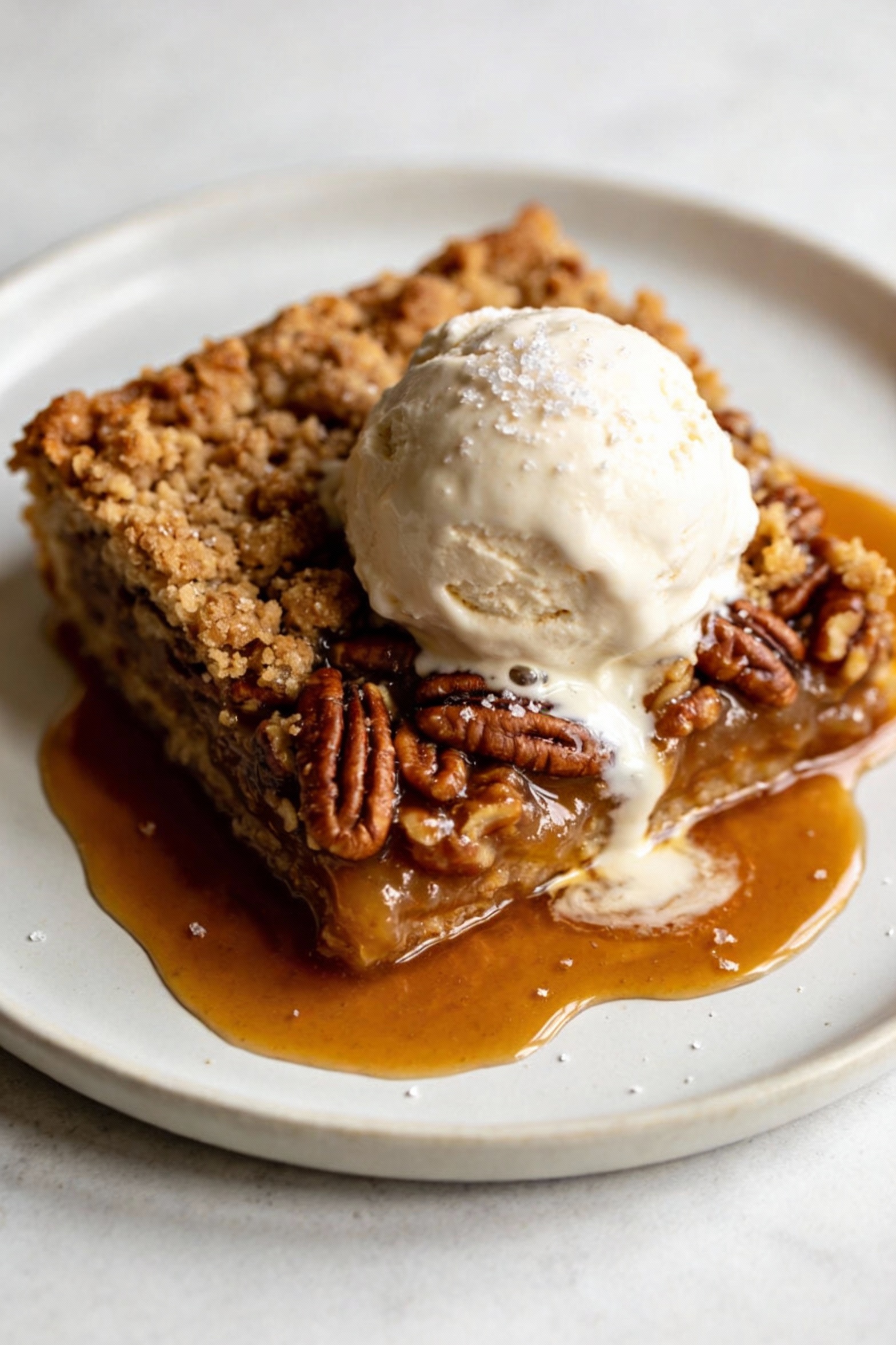 Beautifully plated pecan pie dump cake square topped with a scoop of vanilla ice cream melting into the gooey pecan laye